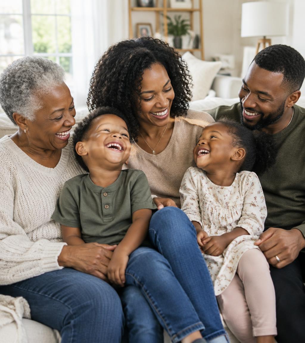 Three generations of a family laughing together on a sofa at home